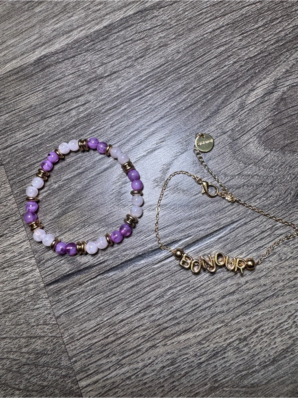 Disney Bonjour Gold Letter Bracelet with Purple Beaded Stretch Bracelet Set
